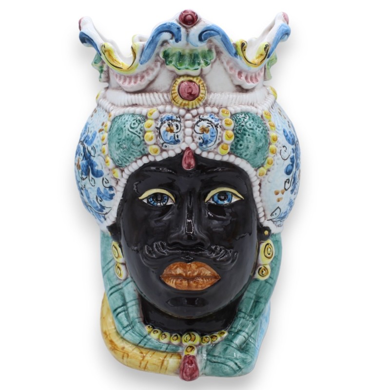 Paire de têtes marron foncé en céramique Caltagirone, environ h 25 cm. Couronne et turban MD10 - 