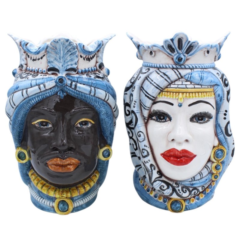 Paire de têtes marron foncé en céramique Caltagirone, environ h 25 cm. Couronne et turban MD12 - 