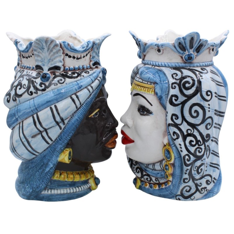 Paire de têtes marron foncé en céramique Caltagirone, environ h 25 cm. Couronne et turban MD12 - 
