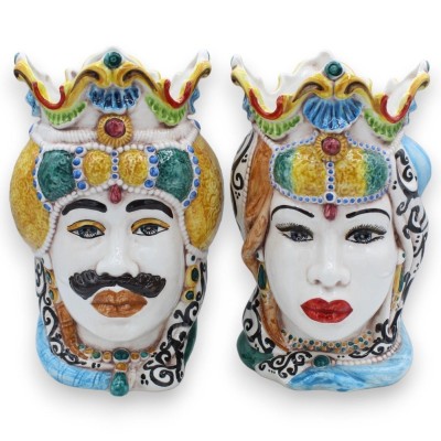 Paire de têtes marron foncé en céramique Caltagirone, environ h 25 cm. Couronne et turban MD13 - 