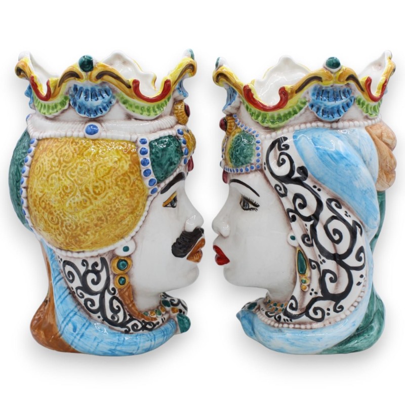 Paire de têtes marron foncé en céramique Caltagirone, environ h 25 cm. Couronne et turban MD13 - 