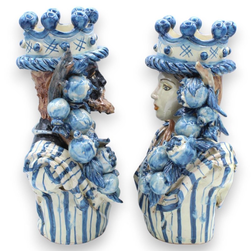 Pair of Caltagirone ceramic busts h 26 / 27 cm approx. Ancient Blue, Crown and Pomegranates, antique matt enamel - 