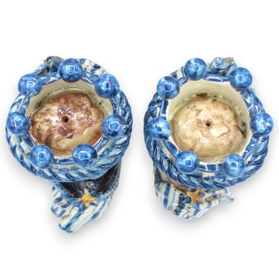 Par Caltagirone keramiska byster h 26 / 27 cm ca. Antik blå, krona och granatäpplen, antik matt emalj - 