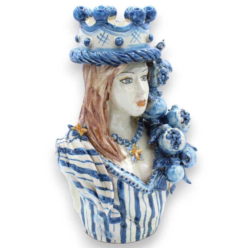 Pair of Caltagirone ceramic busts h 26 / 27 cm approx. Ancient Blue, Crown and Pomegranates, antique matt enamel - 