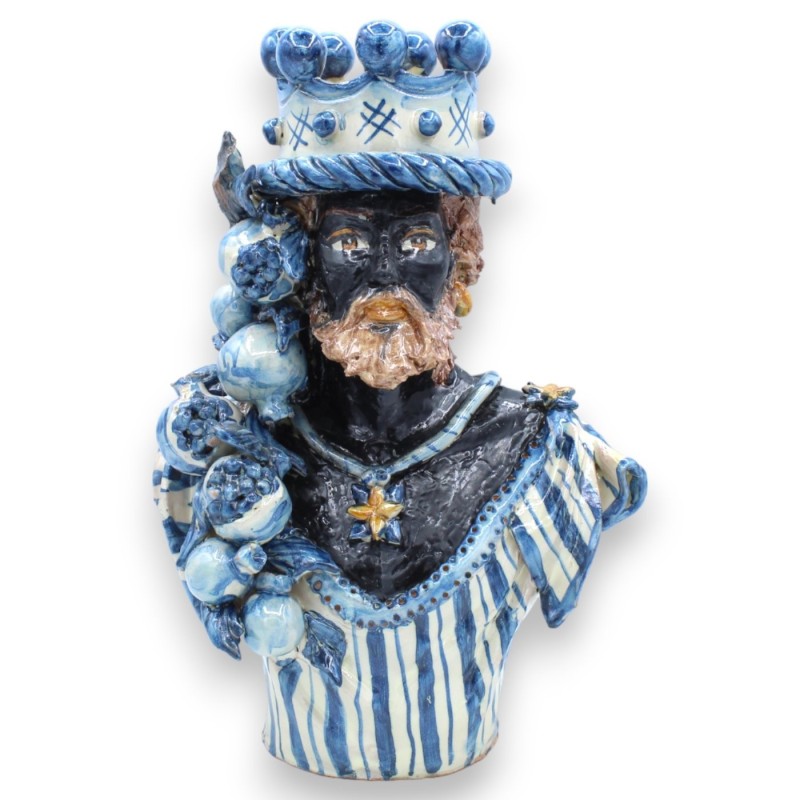 Par Caltagirone keramiska byster h 26 / 27 cm ca. Antik blå, krona och granatäpplen, antik matt emalj - 