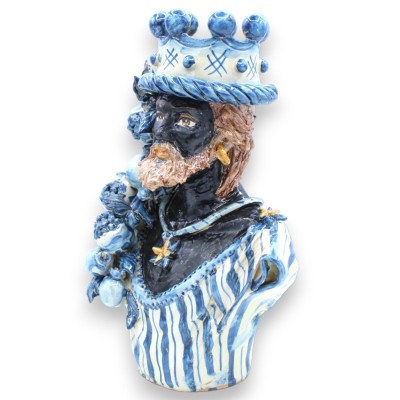 Par Caltagirone keramiska byster h 26 / 27 cm ca. Antik blå, krona och granatäpplen, antik matt emalj - 