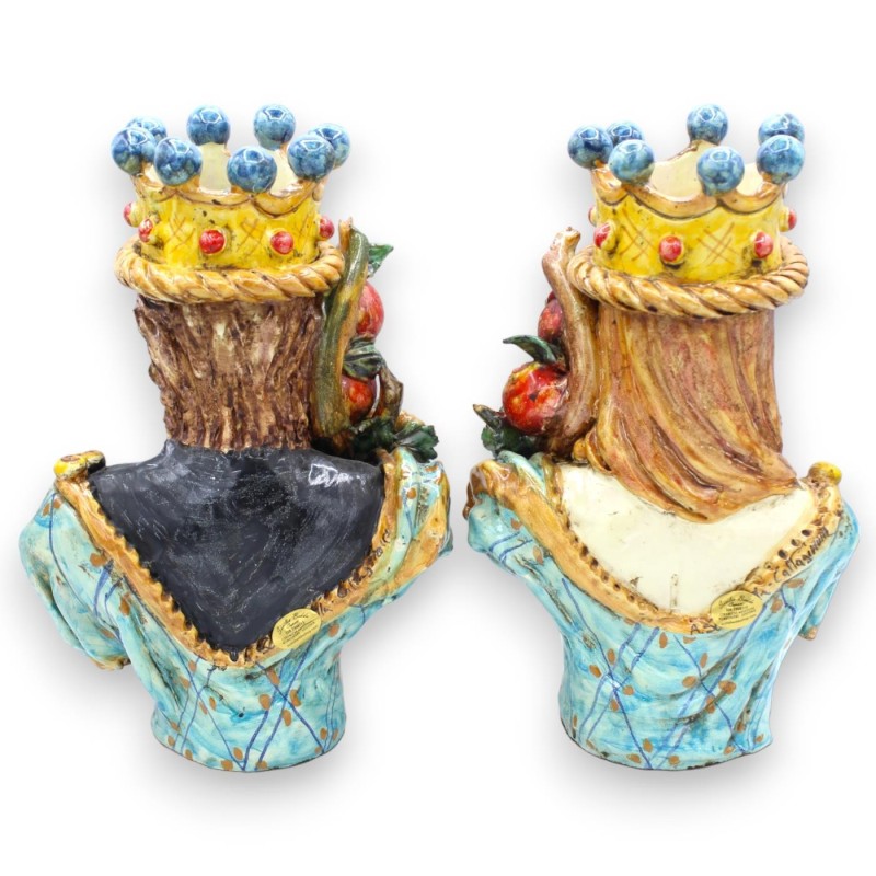 Pareja de bustos de cerámica de Caltagirone h 26 / 27 cm aprox. Aguamarina, corona, granadas y uvas, esmalte mate antigu