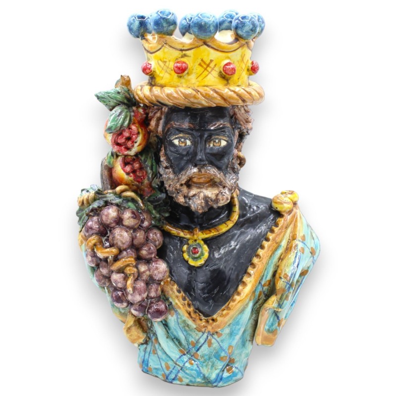 Pareja de bustos de cerámica de Caltagirone h 26 / 27 cm aprox. Aguamarina, corona, granadas y uvas, esmalte mate antigu