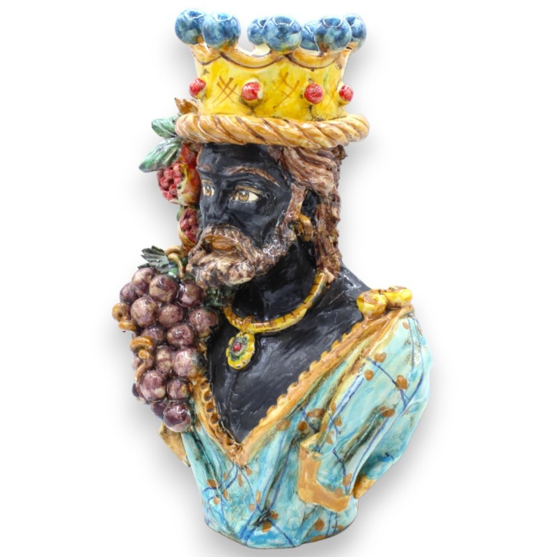 Pareja de bustos de cerámica de Caltagirone h 26 / 27 cm aprox. Aguamarina, corona, granadas y uvas, esmalte mate antigu