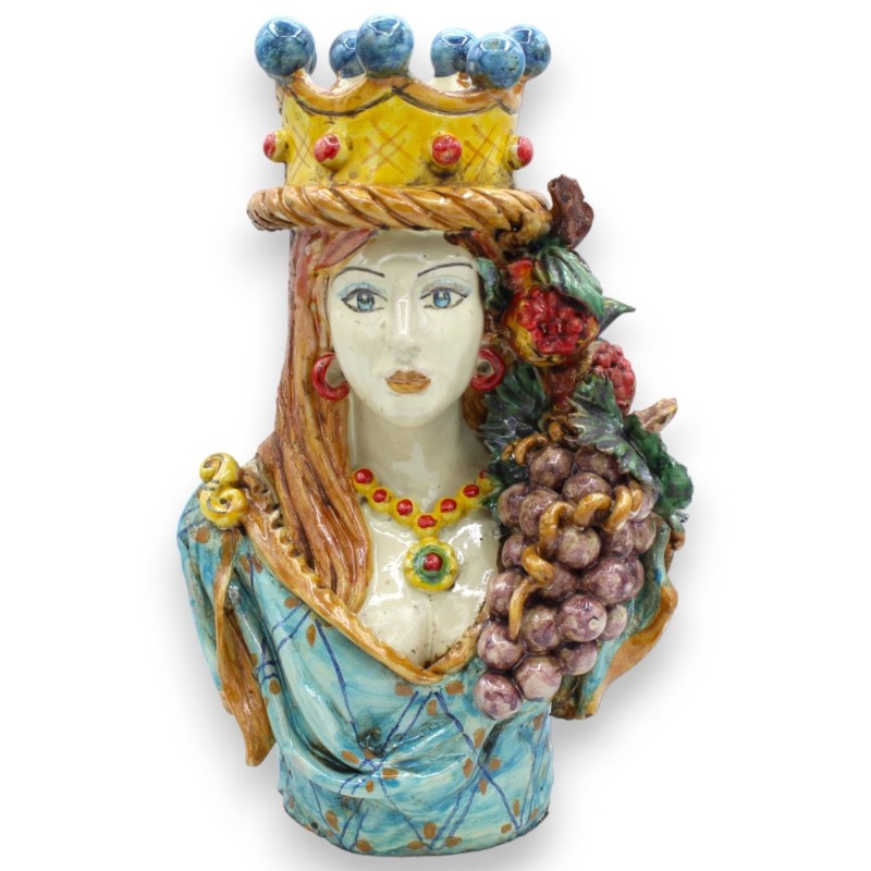 Pareja de bustos de cerámica de Caltagirone h 26 / 27 cm aprox. Aguamarina, corona, granadas y uvas, esmalte mate antigu