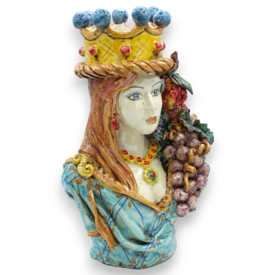 Pareja de bustos de cerámica de Caltagirone h 26 / 27 cm aprox. Aguamarina, corona, granadas y uvas, esmalte mate antigu