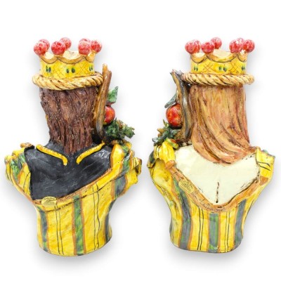 Paar Caltagirone-Keramikbüsten, H. ca. 26/27 cm. Gelb, Krone, Granatäpfel und Trauben, antike matte Emaille - 