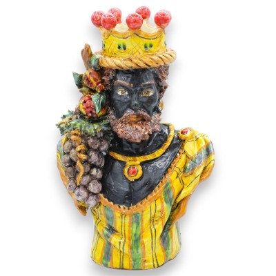 Par de bustos de cerâmica Caltagirone h 26/27 cm aprox. Amarelo, Coroa, Romãs e Uvas, esmalte antigo fosco - 