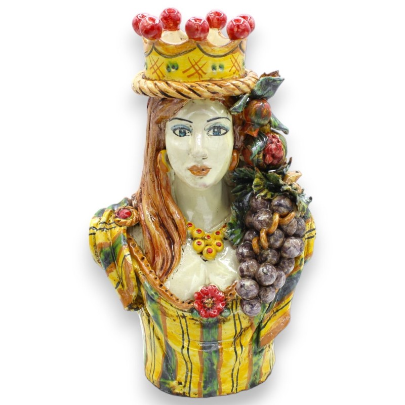 Par de bustos de cerâmica Caltagirone h 26/27 cm aprox. Amarelo, Coroa, Romãs e Uvas, esmalte antigo fosco - 
