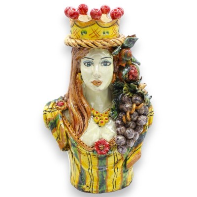 Par de bustos de cerámica de Caltagirone h 26 / 27 cm aprox. Amarillo, Corona, Granadas y uvas, esmalte antiguo mate. - 