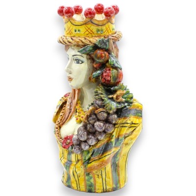 Coppia Busti ceramica Caltagirone h 26 / 27 cm ca. Giallo, Corona, Melagrane e uva, smalto opaco antico - 