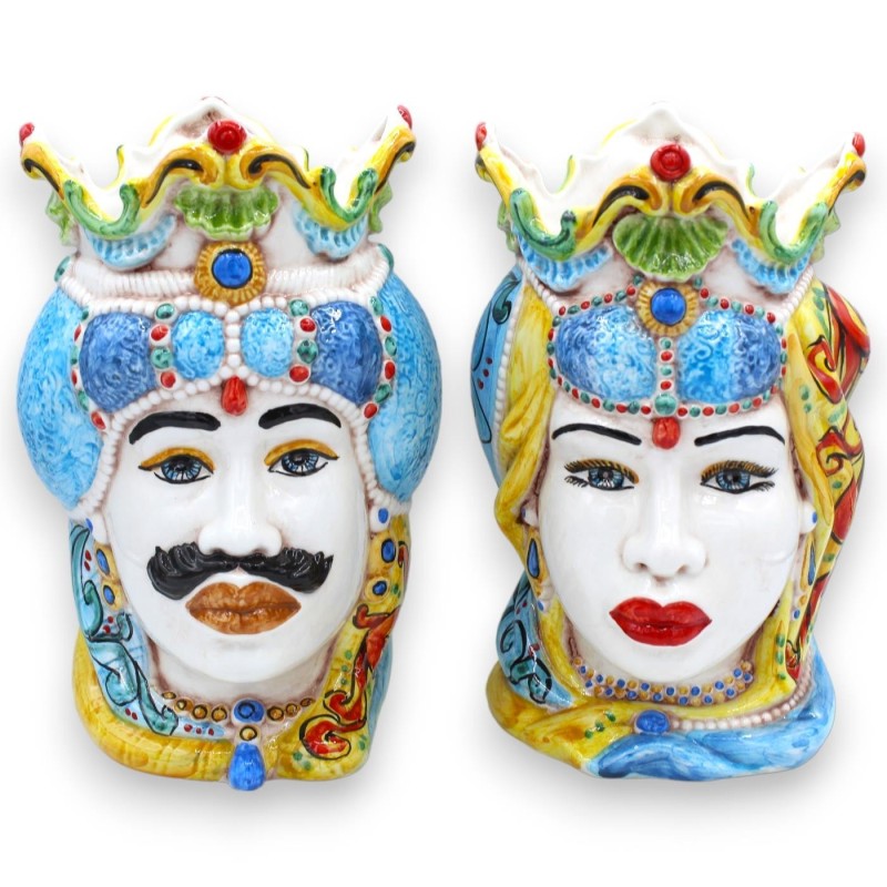 Pair of Caltagirone ceramic dark brown heads, approx. h 24 / 25 cm. Crown and turban MD14 - 