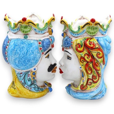 Pair of Caltagirone ceramic dark brown heads, approx. h 24 / 25 cm. Crown and turban MD14 - 