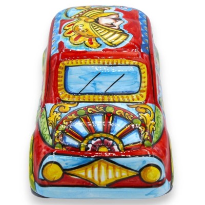 Cinquecento veicolo in ceramica Caltagirone L 25 x 11 x 11 cm ca. Decoro carretto Siciliano, Ruota e Paladino - 