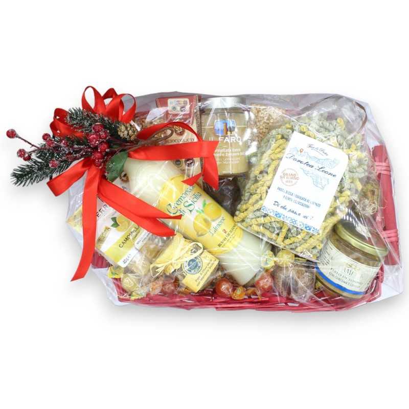 Weihnachtsgeschenkkorb mit 18 typisch sizilianischen Produkten, gelbes Sizilien-Modell (18 Stück innen) - 