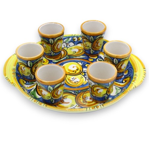 Serwis Limoncello dla 6 osób z ceramiki Caltagirone, okrągła taca, dł. 26 x 23 cm ok. MD2 - 