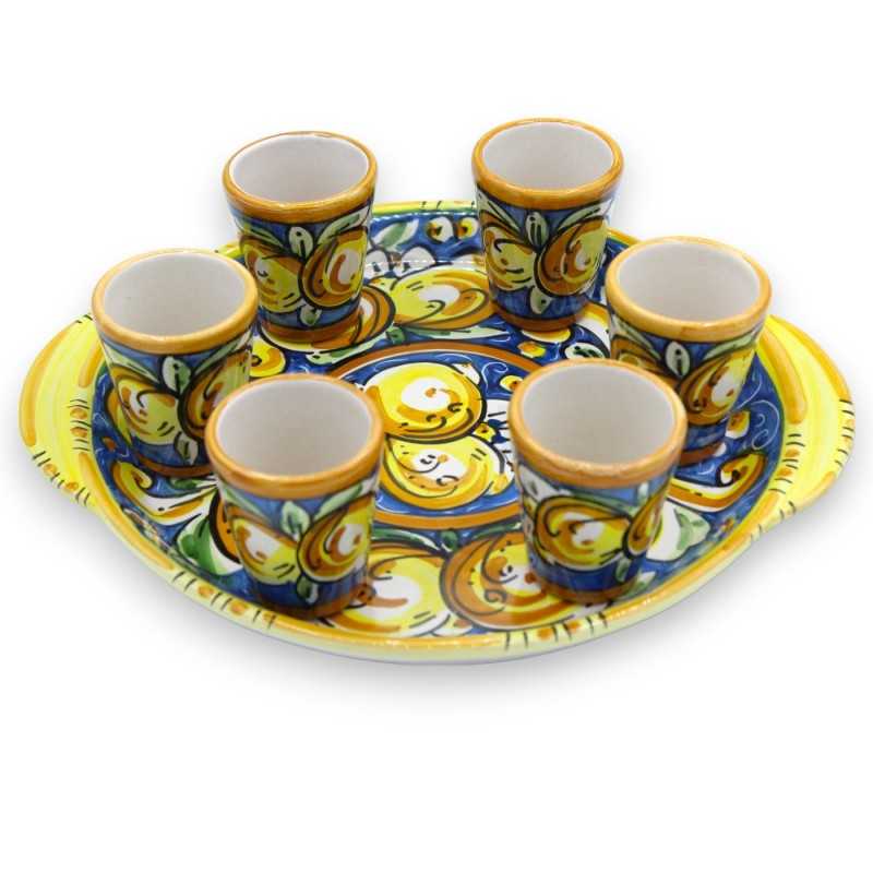 Servizio Limoncello per 6 persone in ceramica Caltagirone, Vassoio rotondo, L 26 x 23 cm ca. MD2 - 