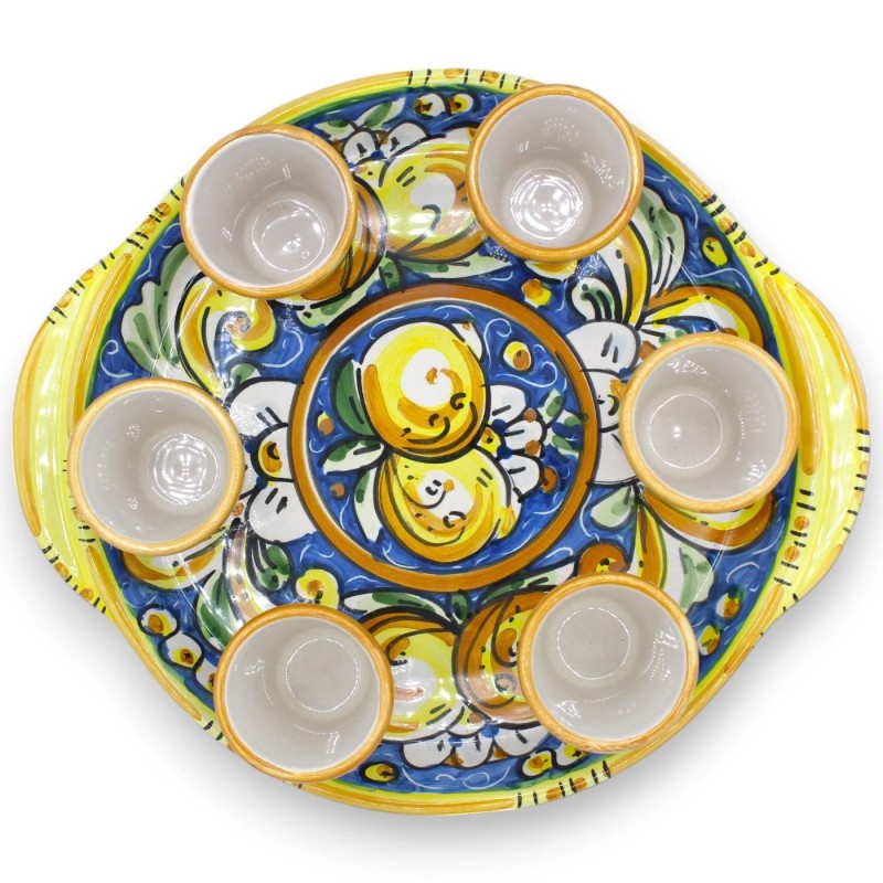 Limoncelloservice för 6 personer i Caltagirone keramik, rund bricka, L 26 x 23 cm ca. MD2 - 