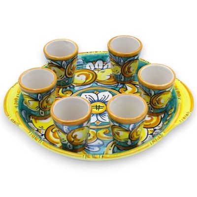 Limoncello service for 6 people in Caltagirone ceramic, L 26 x 23 cm approx. MD3 round tray - 