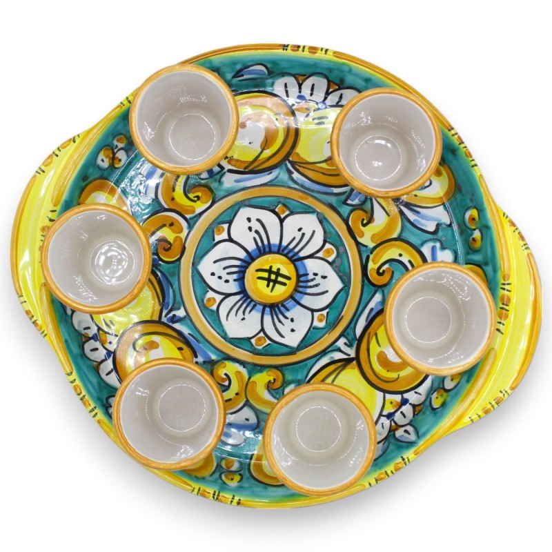 Limoncello service for 6 people in Caltagirone ceramic, L 26 x 23 cm approx. MD3 round tray - 