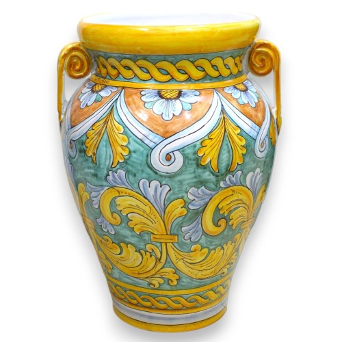 Großer Schirmständer aus Caltagirone-Keramik mit Griffen, H 50 und Ø 35 cm ca. Barock-, Blumen- und Zopfdekor - 