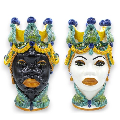 Moor's Head Caltagirone h approx. 37 cm. (1pc) Man or Woman, Crown, baroque decoration and leaf application - 