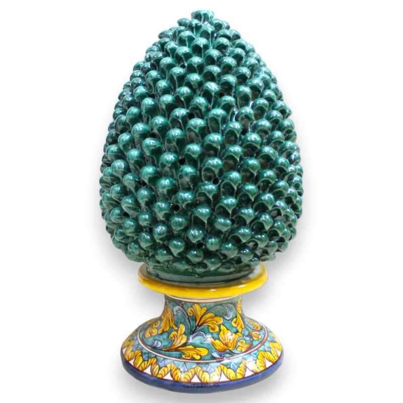Lampada Pigna traforata in ceramica Caltagirone - h 45 cm ca. Verderame, gambo decoro barocco e foglie gialle. - 