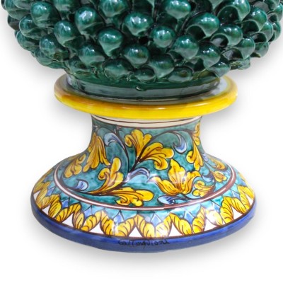 Lámpara Pigna perforada de cerámica Caltagirone - h 45 cm aprox. Cardenillo, tallo con decoración barroca y hojas amaril
