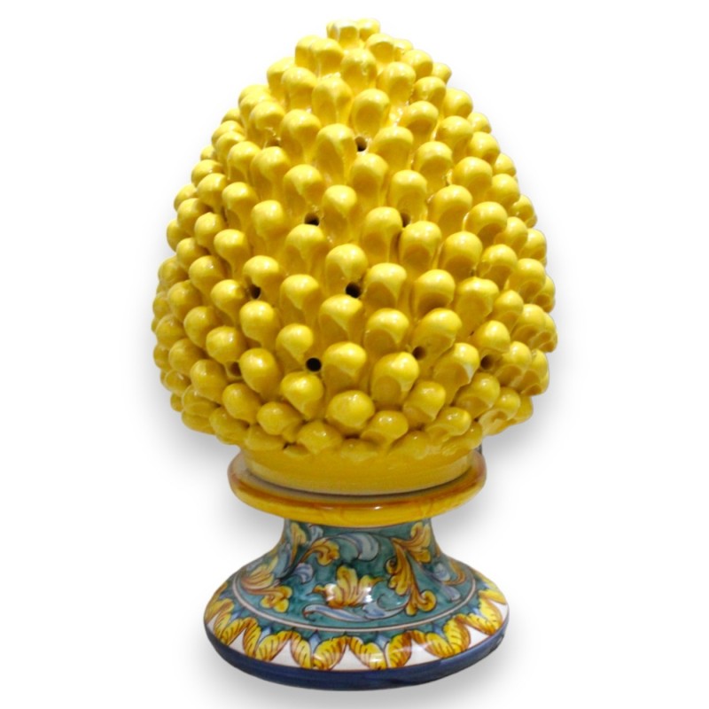 Perforierte Pigna-Lampe aus Caltagirone-Keramik, H ca. 35 cm. Gelbe, barocke Dekoration und gelbe Blätter - 