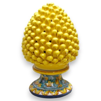 Lampe Pigna perforée en céramique Caltagirone, h environ 35 cm. Jaune, décoration baroque et feuilles jaunes - 