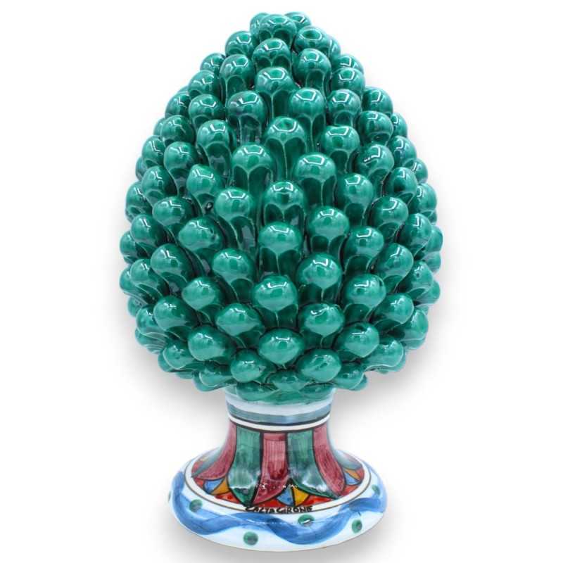 Sicilian Pine Cone in Caltagirone Ceramics, Verderame, 2 size options (1pc) Stem Blue trail decoration and multicolored 