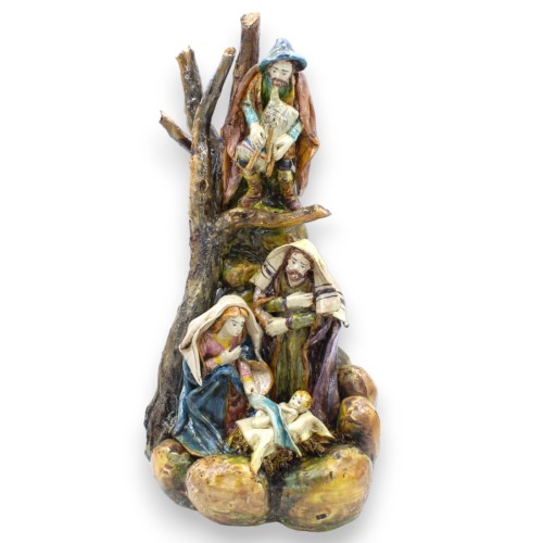 Presepe Sacra Famiglia, Natività su roccia con Zampognaro - Ceramica Caltagirone, h 32 e l 18 cm ca. MD2 - 