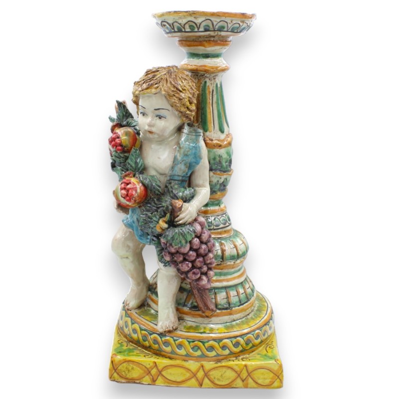 Putto con doppia base e porta candela, ceramica Caltagirone h 38 cm ca. Melagrane e Uva - 