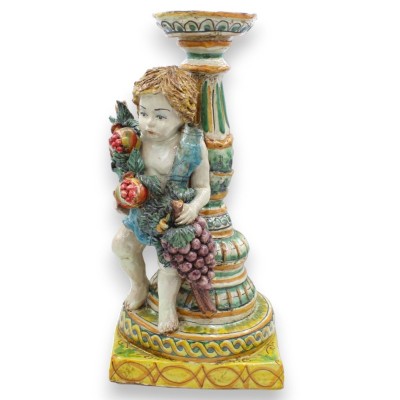 Putto con doppia base e porta candela, ceramica Caltagirone h 38 cm ca. Melagrane e Uva MD1 - 
