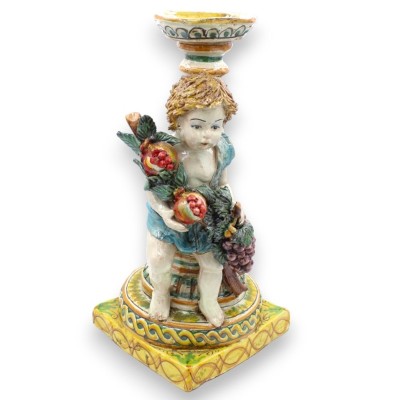 Putto mit Doppelsockel und Kerzenhalter, Caltagirone-Keramik, H ca. 38 cm. Granatäpfel und Trauben MD1 - 
