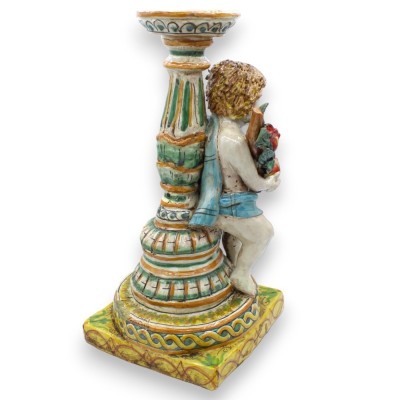 Putto con doppia base e porta candela, ceramica Caltagirone h 38 cm ca. Melagrane e Uva - 