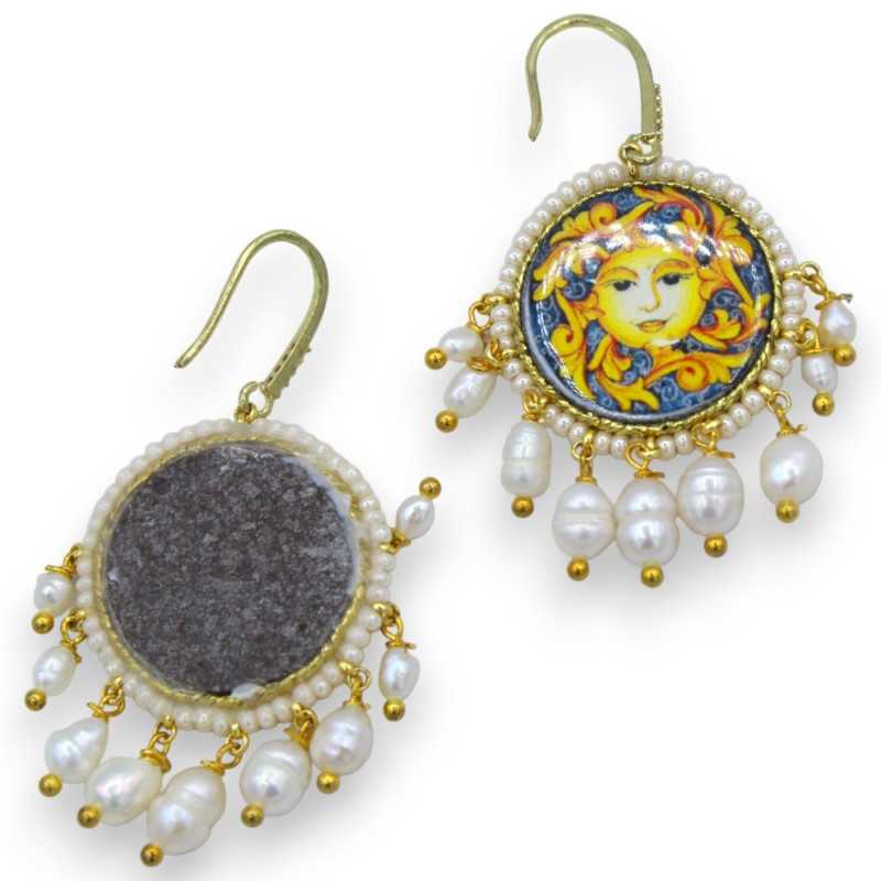 Round lava stone tile earrings h approx. 5 cm Sicilian majolica Sun, scaramazze pearls -