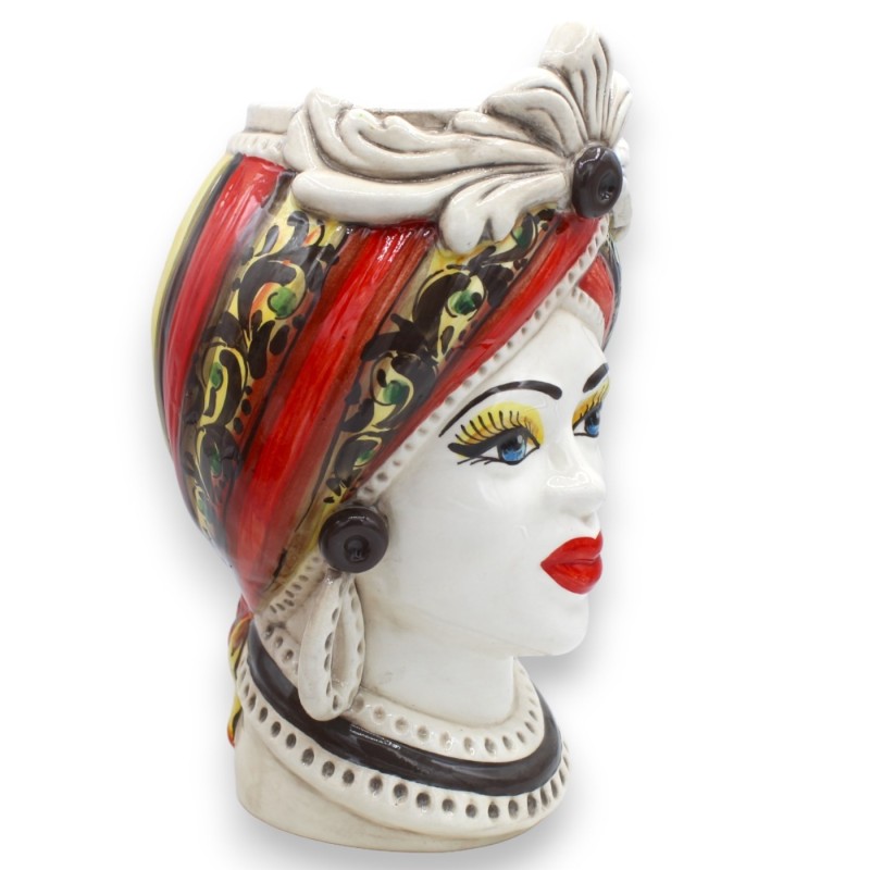Testa di Moro Caltagirone Fregio h 28 cm ca. (1Unità) fondo Rosso e Giallo decoro '600 - 