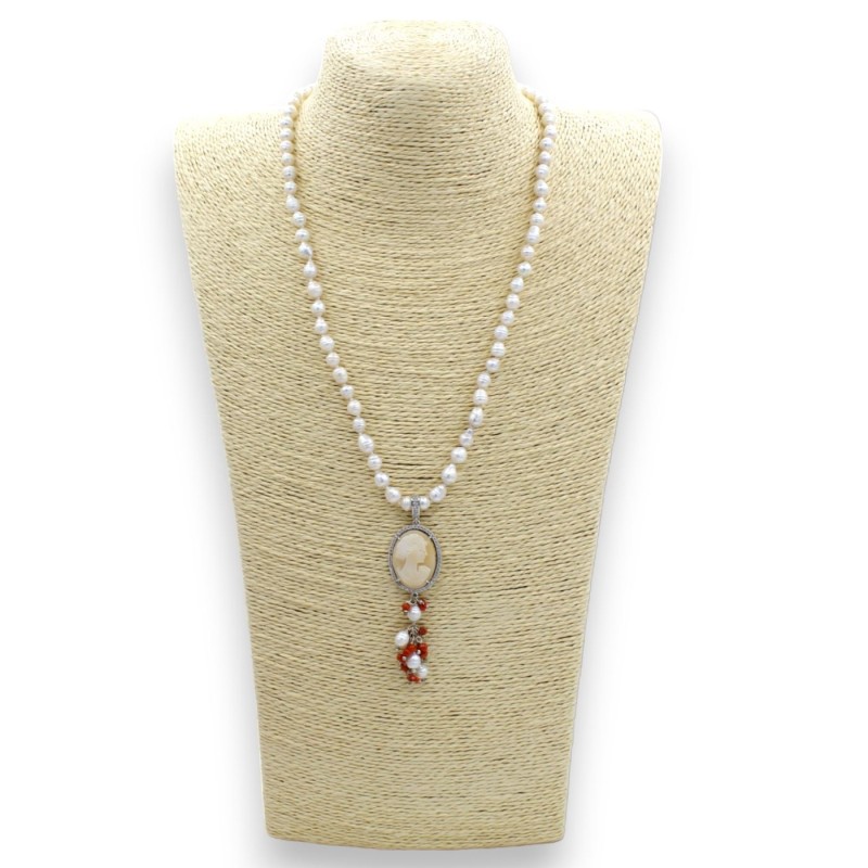 Parure Collana e Orecchini in Argento 925 con Cammeo, Perle Naturali e Coralli e rifinita con Zirconi - 