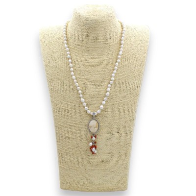Parure Collana e Orecchini in Argento 925 con Cammeo, Perle Naturali e Coralli e rifinita con Zirconi - 