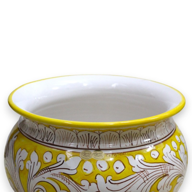 Cachepot Vaso per piante in ceramica Caltagirone, 5 Opzioni dimensione (1Unità) Giallo e decoro barocco bianco - 