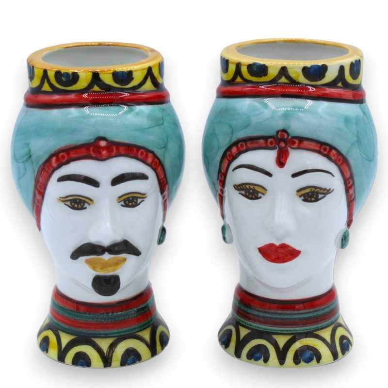 Paar dunkelbraune Köpfe mit Turban und Bündel aus Caltagirone-Keramik, H ca. 13/14 cm. Aquamarin - 