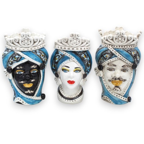 Moor's head Moorish Caltagirone ceramic h approx. 20 cm (1pc) with frieze, 17th century decoration on a Turquoise backgr