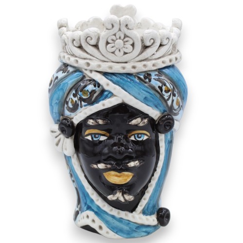 Moors hoofd Moors Caltagirone keramiek h ca. 20 cm (1st) met fries, 17e-eeuwse decoratie op een turquoise achtergrond
