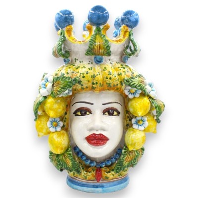 Paire de têtes Moro Caltagirone h environ 40 cm Modèle Fleurs et Citrons, boules couronne bleues - 